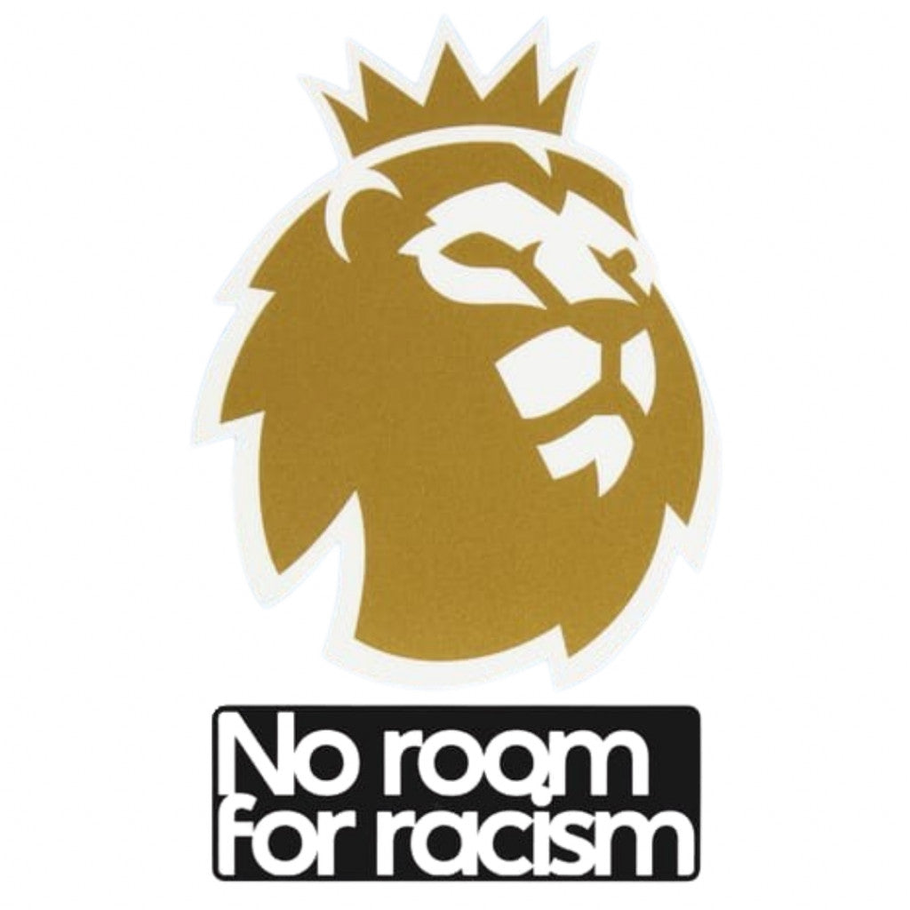 Gold lion head with a crown and 'No room for racism' text on a white background