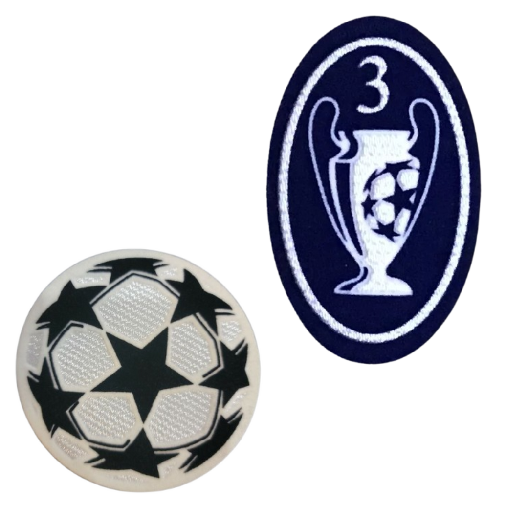 Soccer ball with star pattern and UEFA Champions League badge on a white background