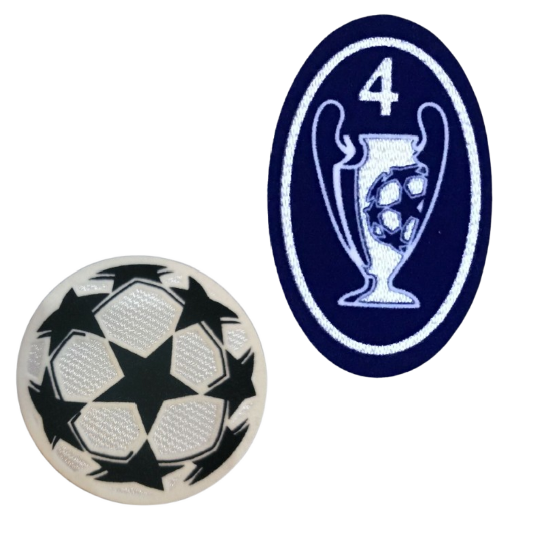 Soccer ball with star pattern and UEFA Champions League badge on a white background