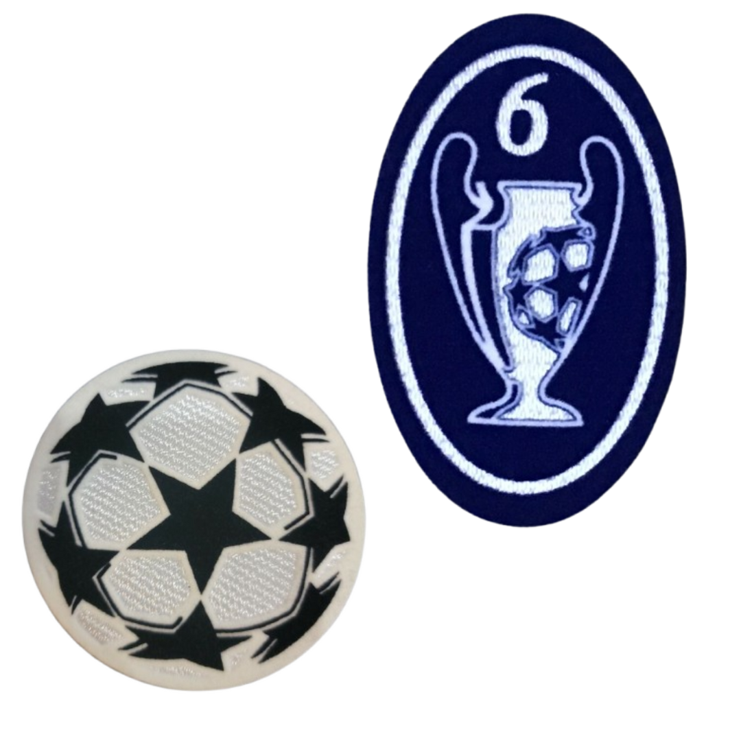 Soccer ball patch with star pattern and Champions League badge on a white background