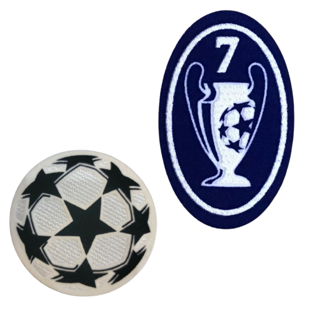 Soccer ball with star pattern and Champions League badge on a white background