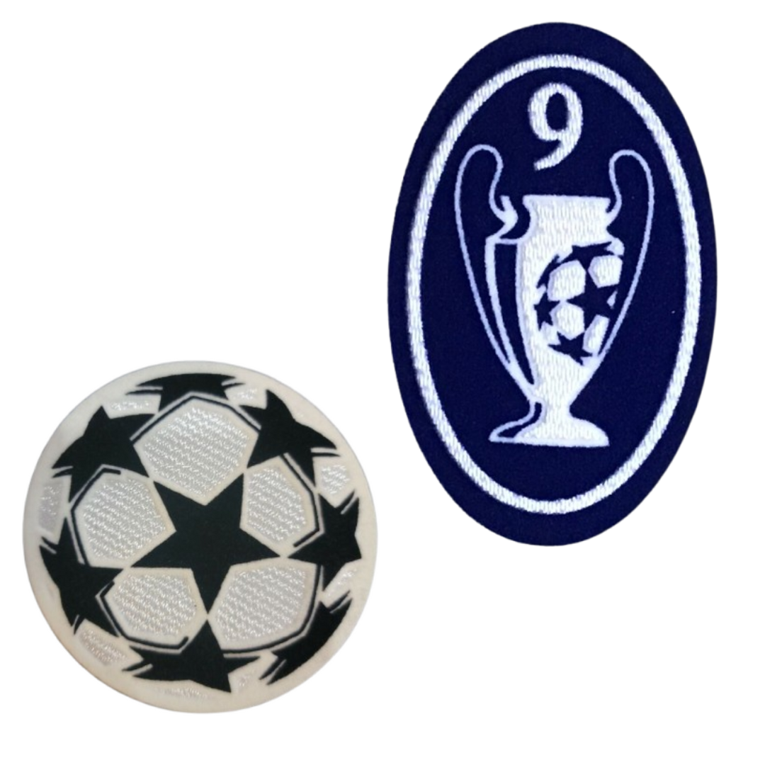 Soccer ball patch with star pattern and Champions League logo on a white background