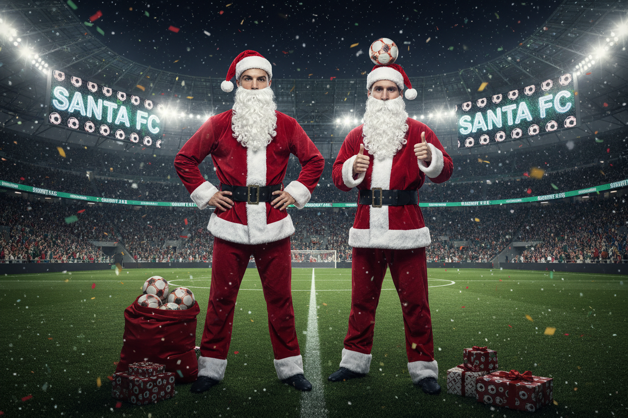 fundo de estadio de futebol com cr7 e messi vestidos de pai natal fazendo modelagem para a minha loja