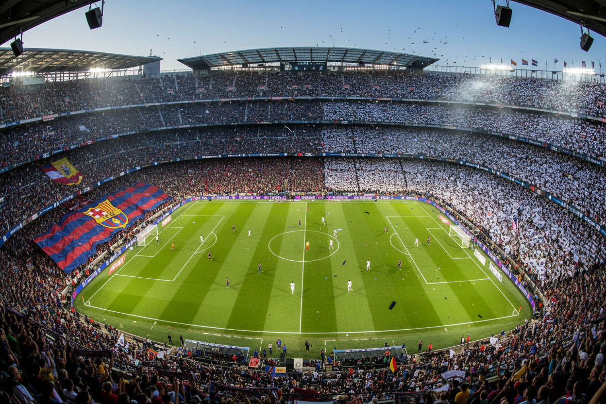fundo de imagem de um jogo de futebol entre o barcelona e o real madrid