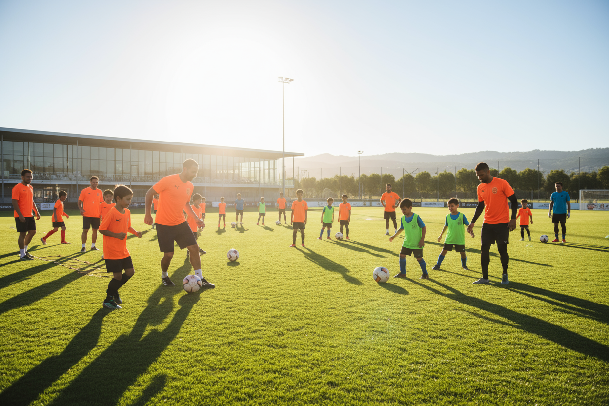 imagem de fundo de adultos e crianças a treinar com fatos de treino 